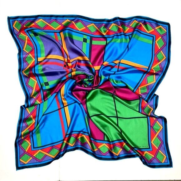 Linda Allard Ellen Tracy Silk Square Scarf Bright Colors Geometric Print Japan - Picture 1 of 11